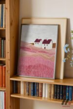 Pembe Kır Evi Manzarası Duvar Tablosu, Modern Ev Dekorasyonu - Görsel 2