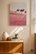 Pembe Kır Evi Manzarası Duvar Tablosu, Modern Ev Dekorasyonu - Görsel 8