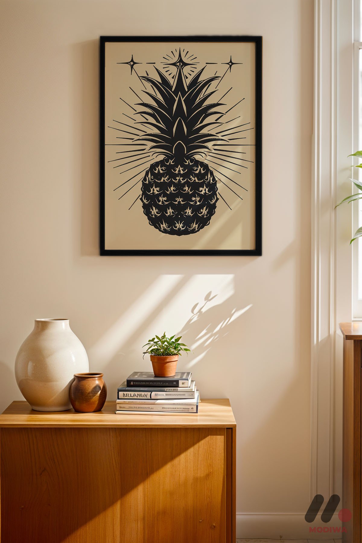 Altın Ananas Mistik siyah çerçeveli duvar tablosu, konsol üstündeki duvarda