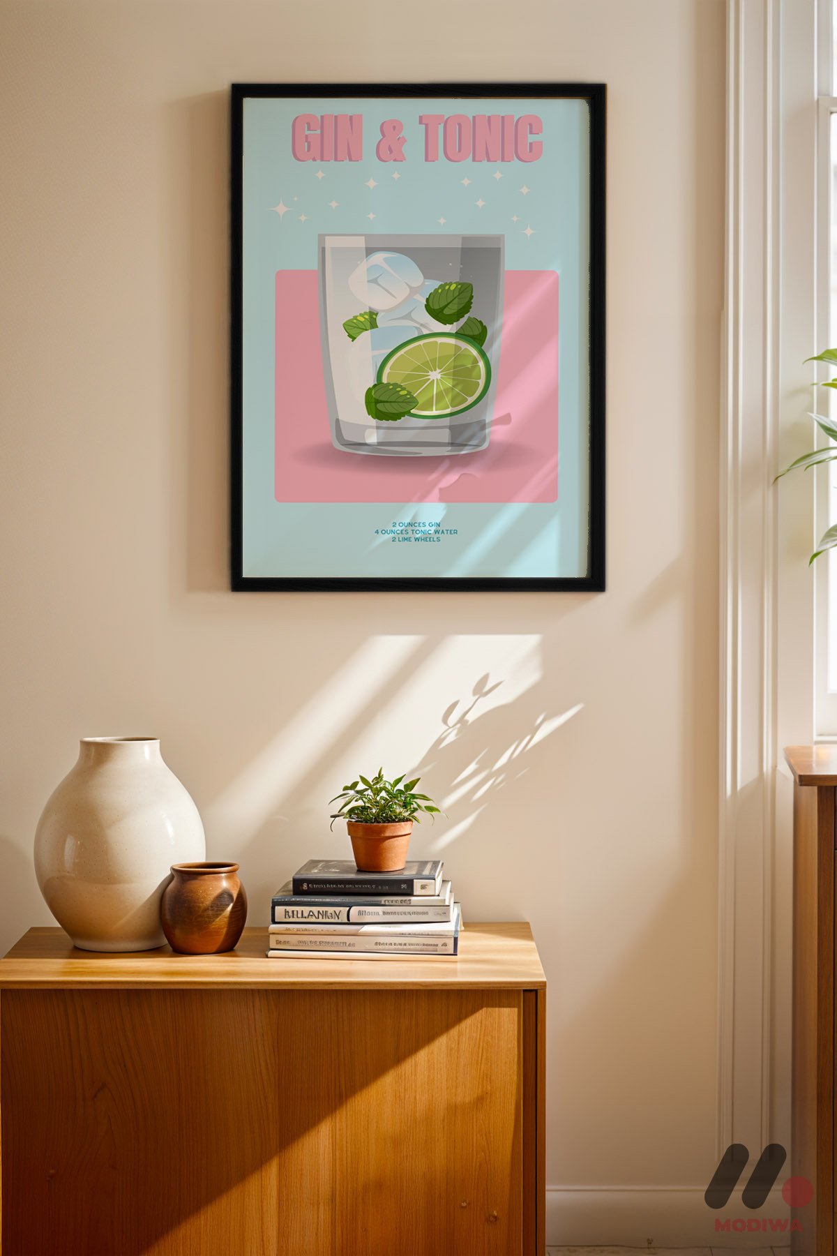 Gin Tonic İllüstrasyon siyah çerçeveli duvar tablosu, konsol üstündeki duvarda