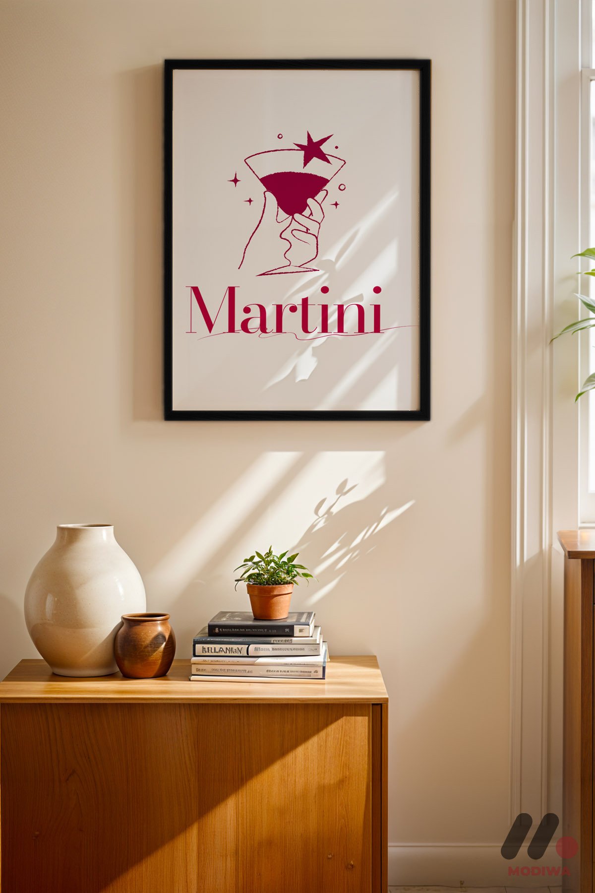 Martini Zarif Poster siyah çerçeveli duvar tablosu, konsol üstündeki duvarda