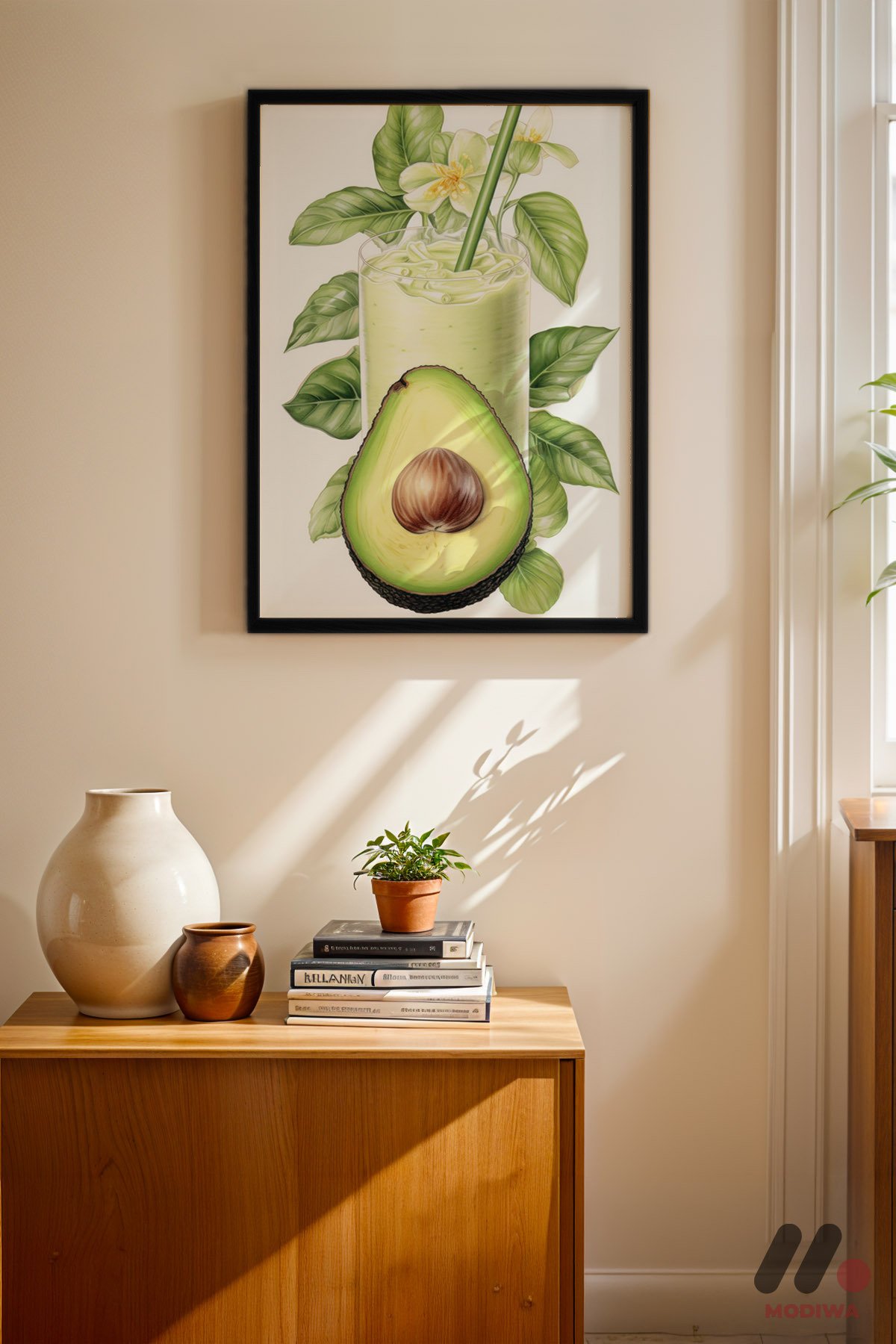 Avokado Smoothie Posteri siyah çerçeveli duvar tablosu, konsol üstündeki duvarda