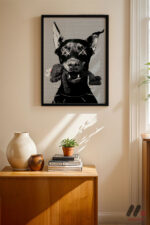 Siyah Köpek Pop Art siyah çerçeveli duvar tablosu, konsol üstündeki duvarda