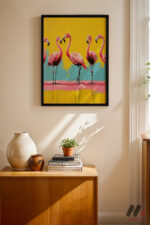Flamingo Pop Art siyah çerçeveli duvar tablosu, konsol üstündeki duvarda
