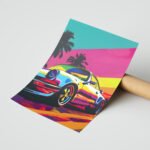Renkli Spor Araba Pop Art Duvar Tablosu, Renkli Ev Dekorasyonu