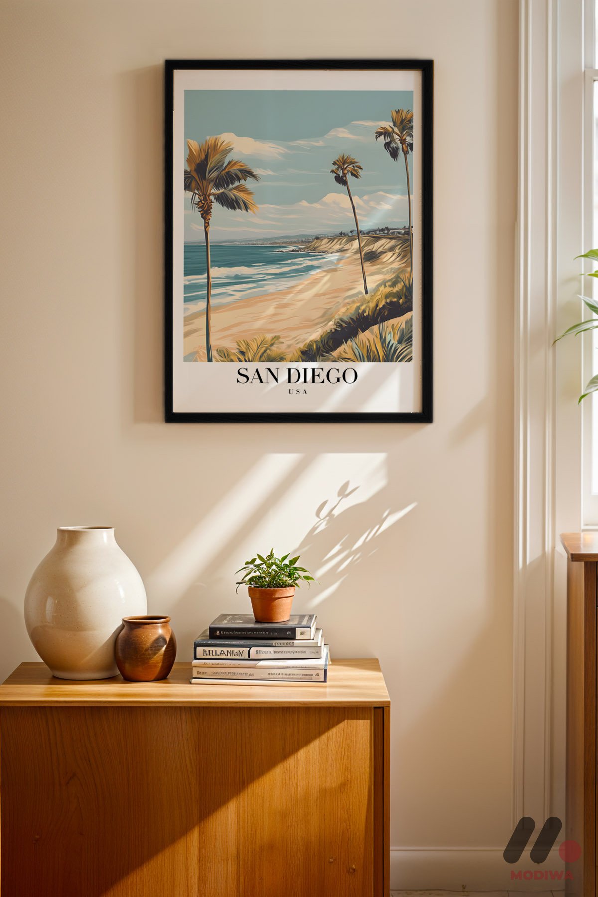 San Diego Sahil Posteri siyah çerçeveli duvar tablosu, konsol üstündeki duvarda
