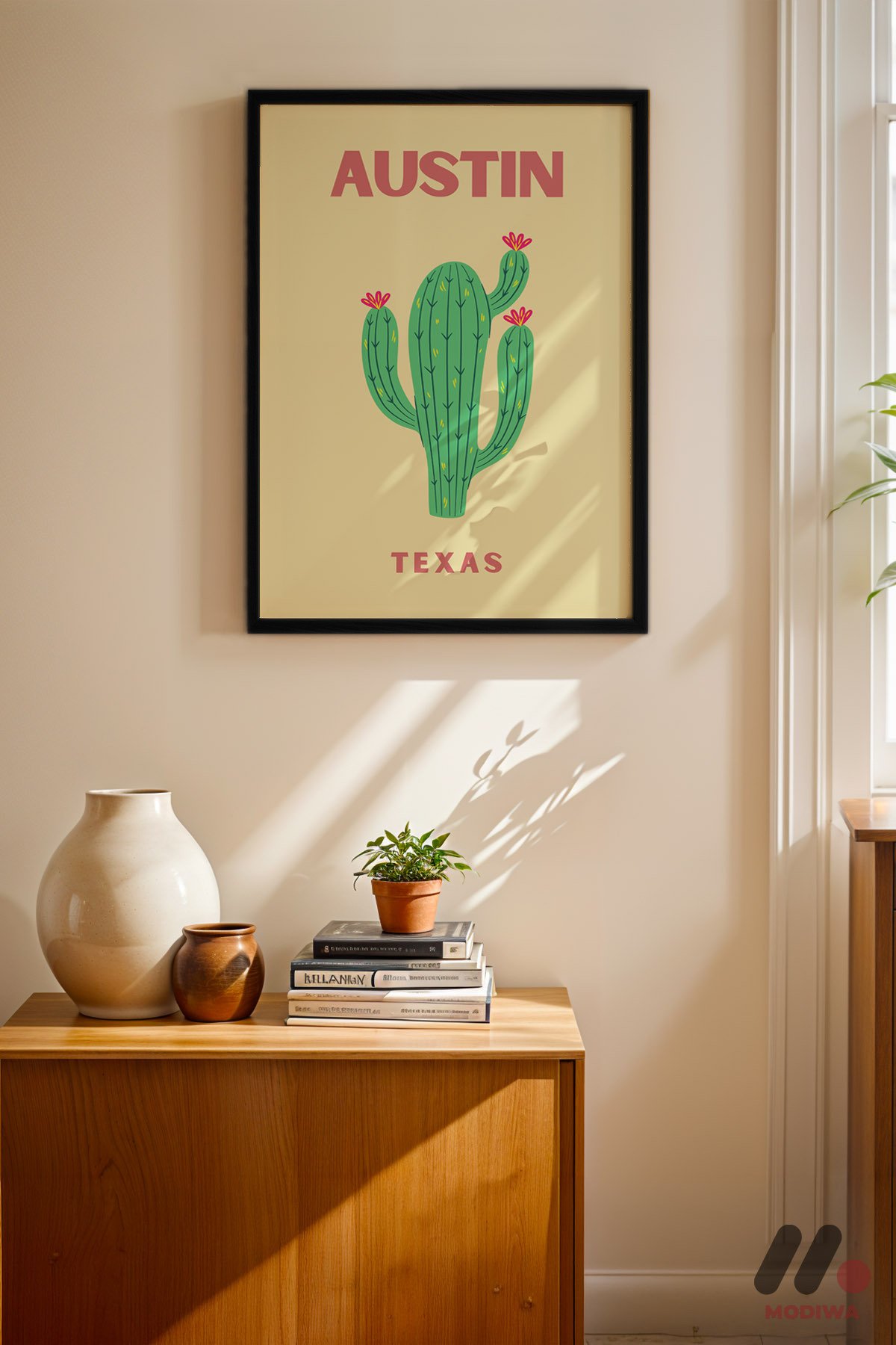 Austin Teksas Kaktüs Posteri siyah çerçeveli duvar tablosu, konsol üstündeki duvarda