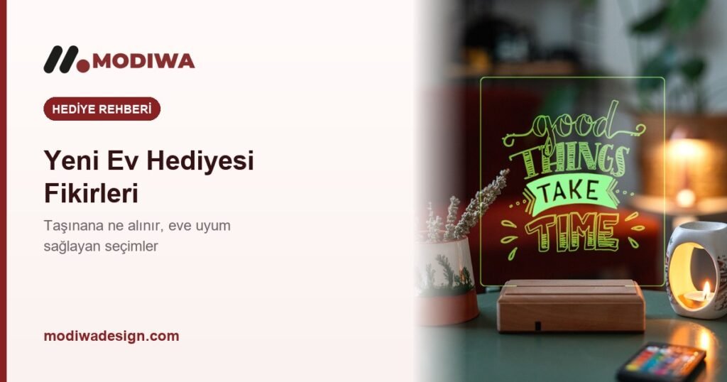 Yeni ev hediyesi rehberi kapak görseli, yazılı gece lambası