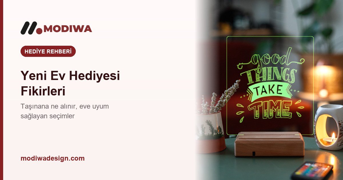 Yeni ev hediyesi rehberi kapak görseli, yazılı gece lambası