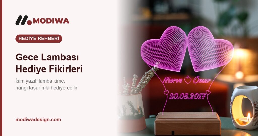 Gece lambası hediye fikirleri rehberi kapak görseli, isim ve tarih yazılı kalpli gece lambası