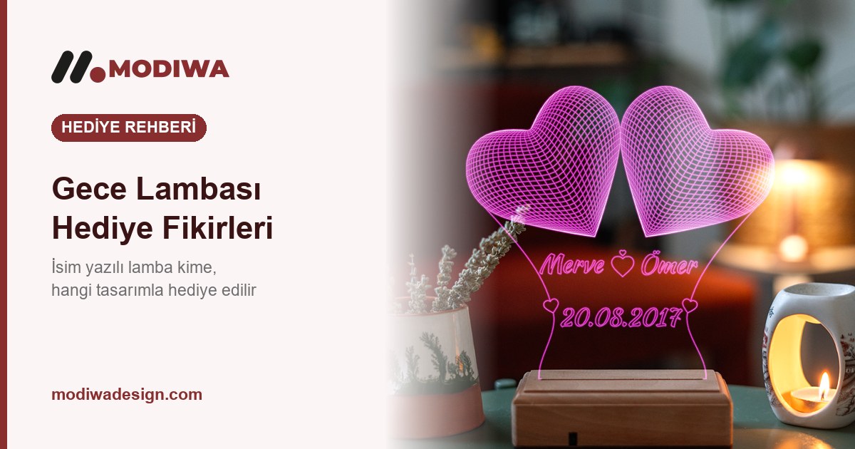 Gece lambası hediye fikirleri rehberi kapak görseli, isim ve tarih yazılı kalpli gece lambası